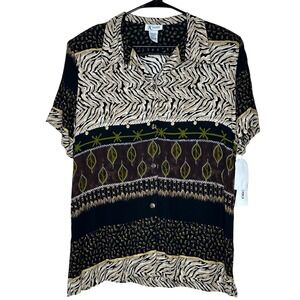 K Studio VTG NWT Women's Top Blouse‎ 14M Animal Print Short Sleeve Button Down
